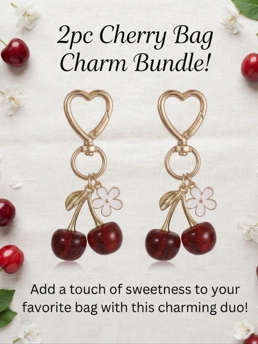2 Pack Cherry Bag Charm ~ Gold & Deep Red - Picture 9 of 9